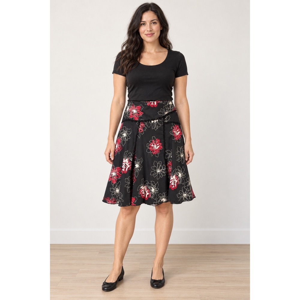 Couleur de Rose Floral A-Line Skirt Black Red Lace Trim CS9204 Medium USA Made